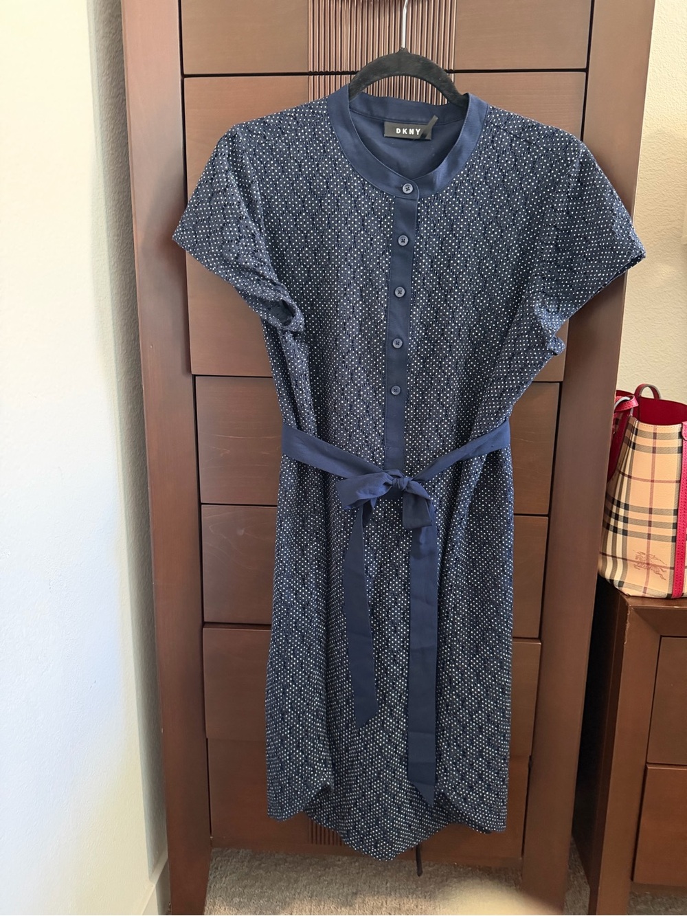 DKNY Navy Dot-Pattern Button-Front Belted Midi Dress